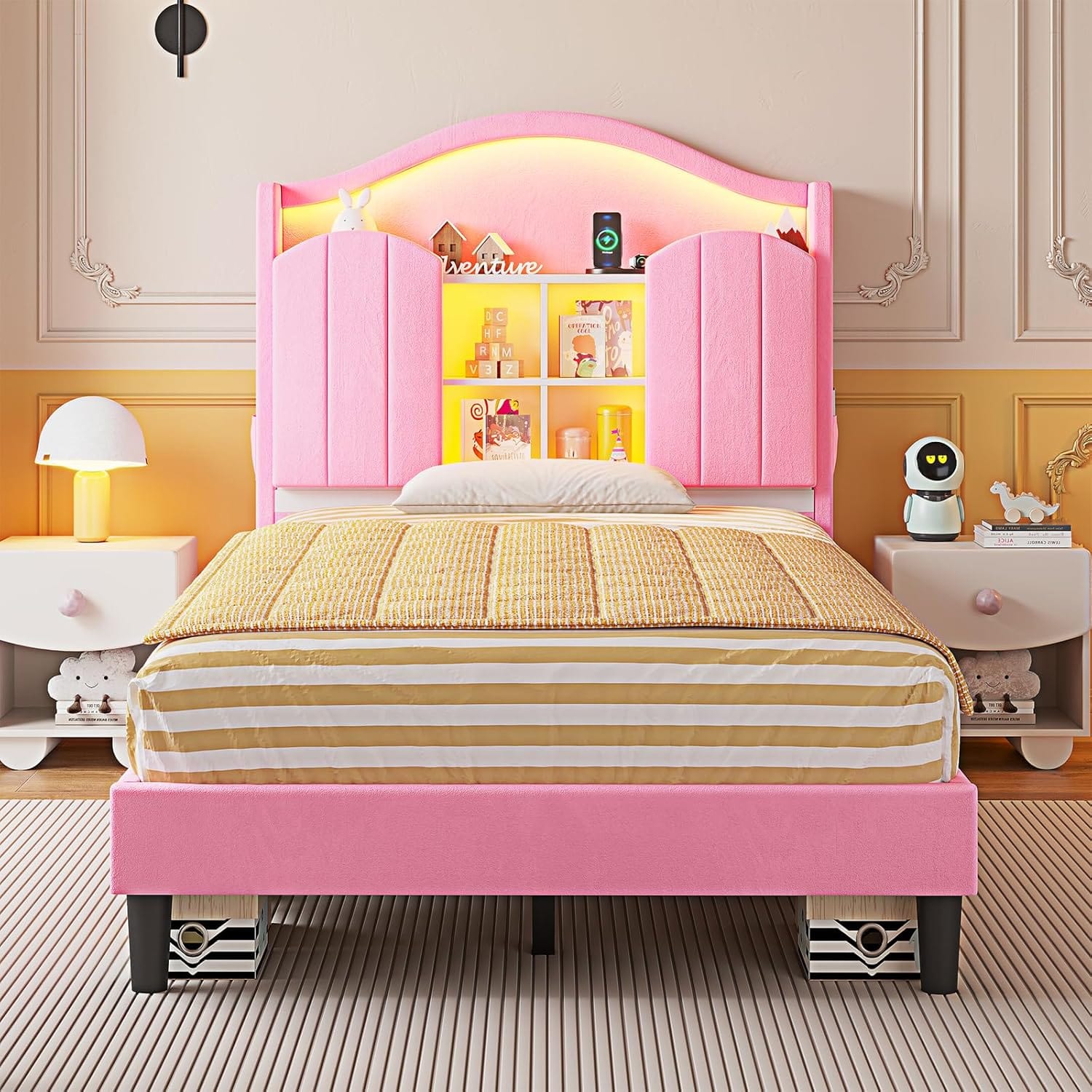 Twin Size Bed Frame with LED Lights Pink