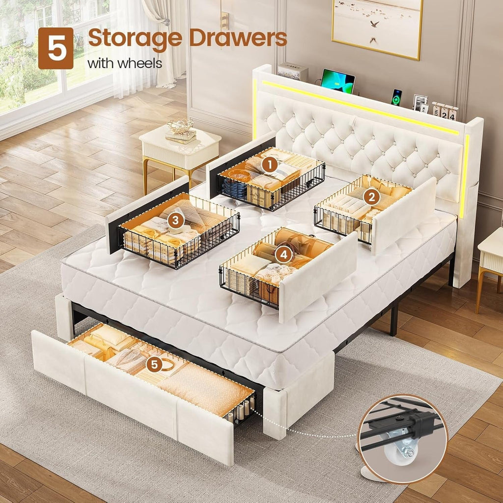 LED Bed Frame with Drawers Beige