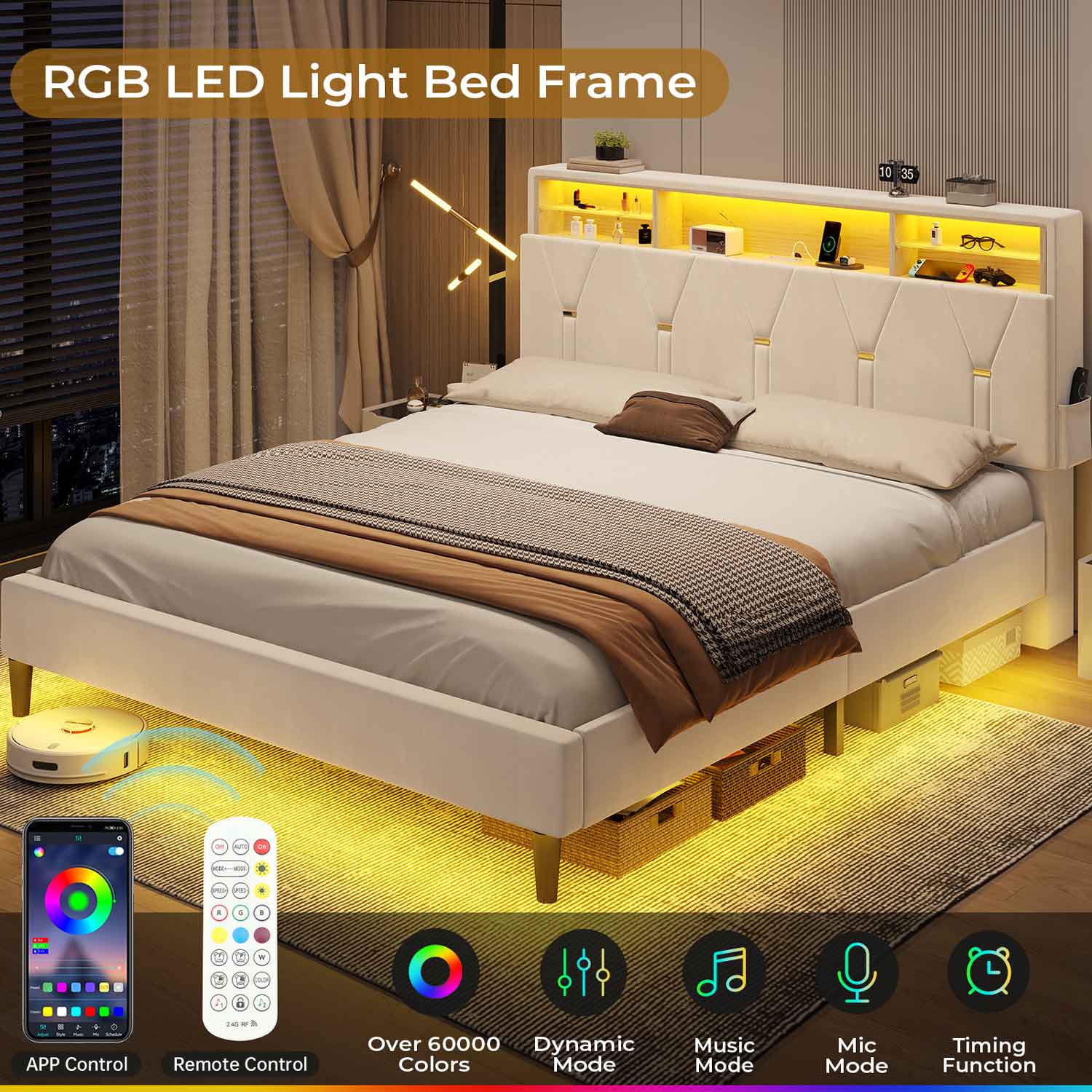 Velvet Fabric LED Bed Frame White