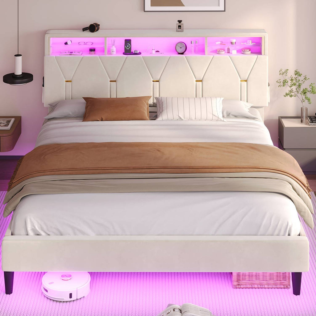 Velvet Fabric LED Bed Frame White