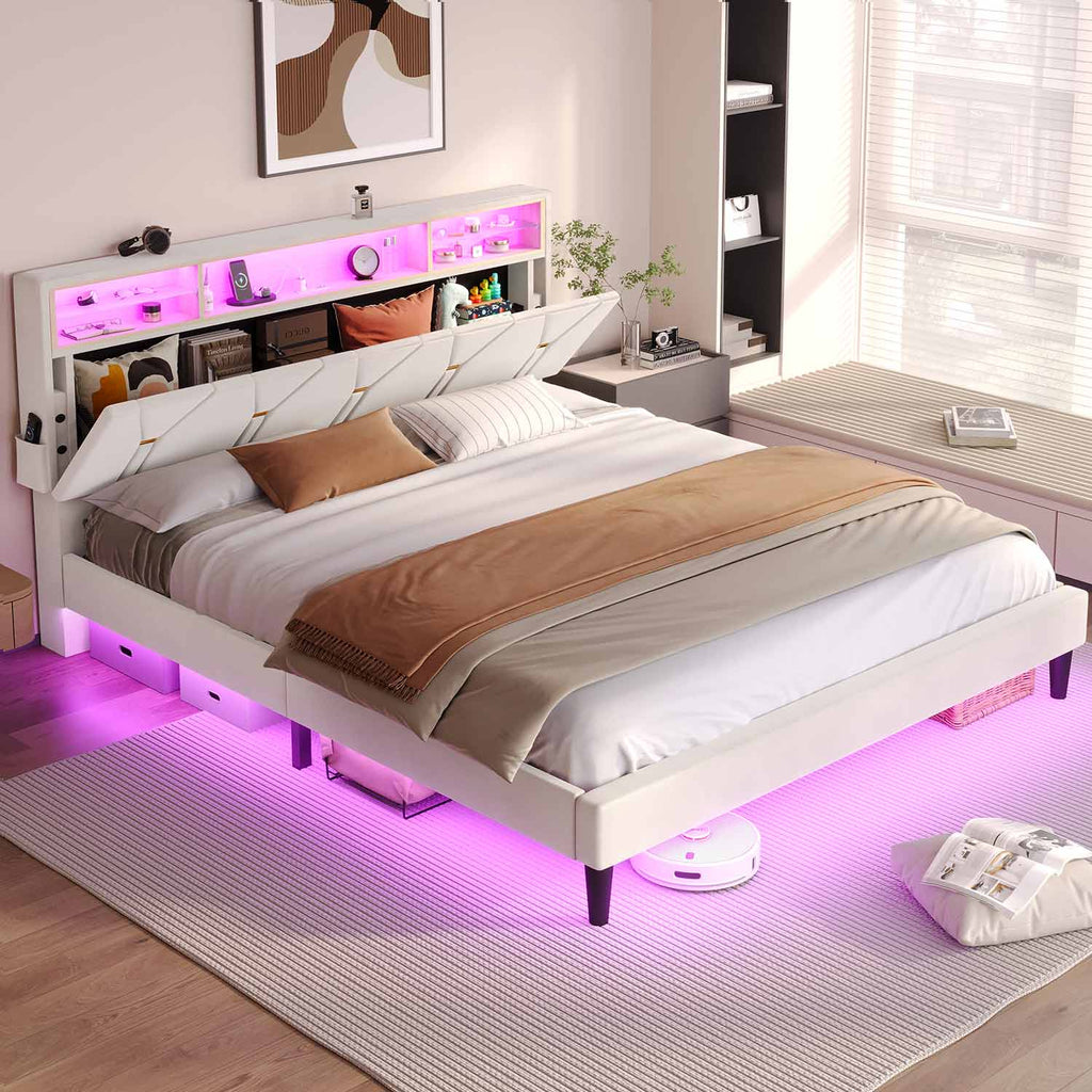 Velvet Fabric LED Bed Frame White