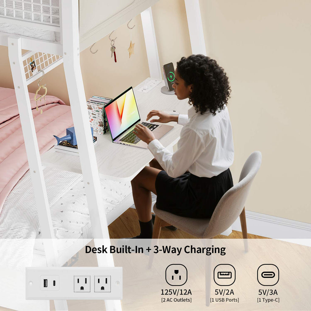 LED Bunk Bed with Desk White