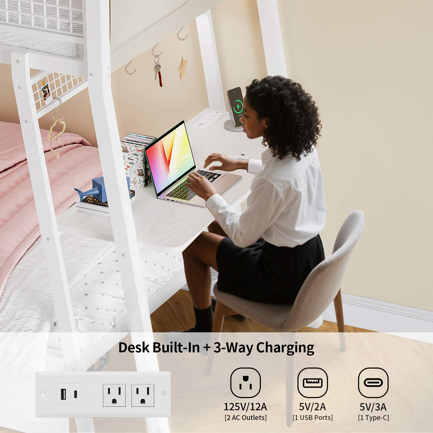 LED Bunk Bed with Desk White