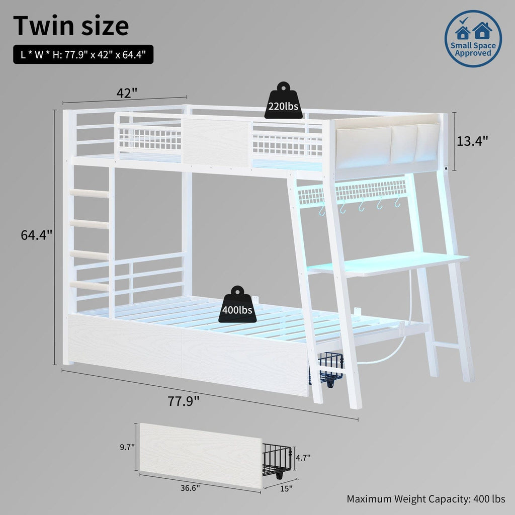 LED Bunk Bed with Desk White