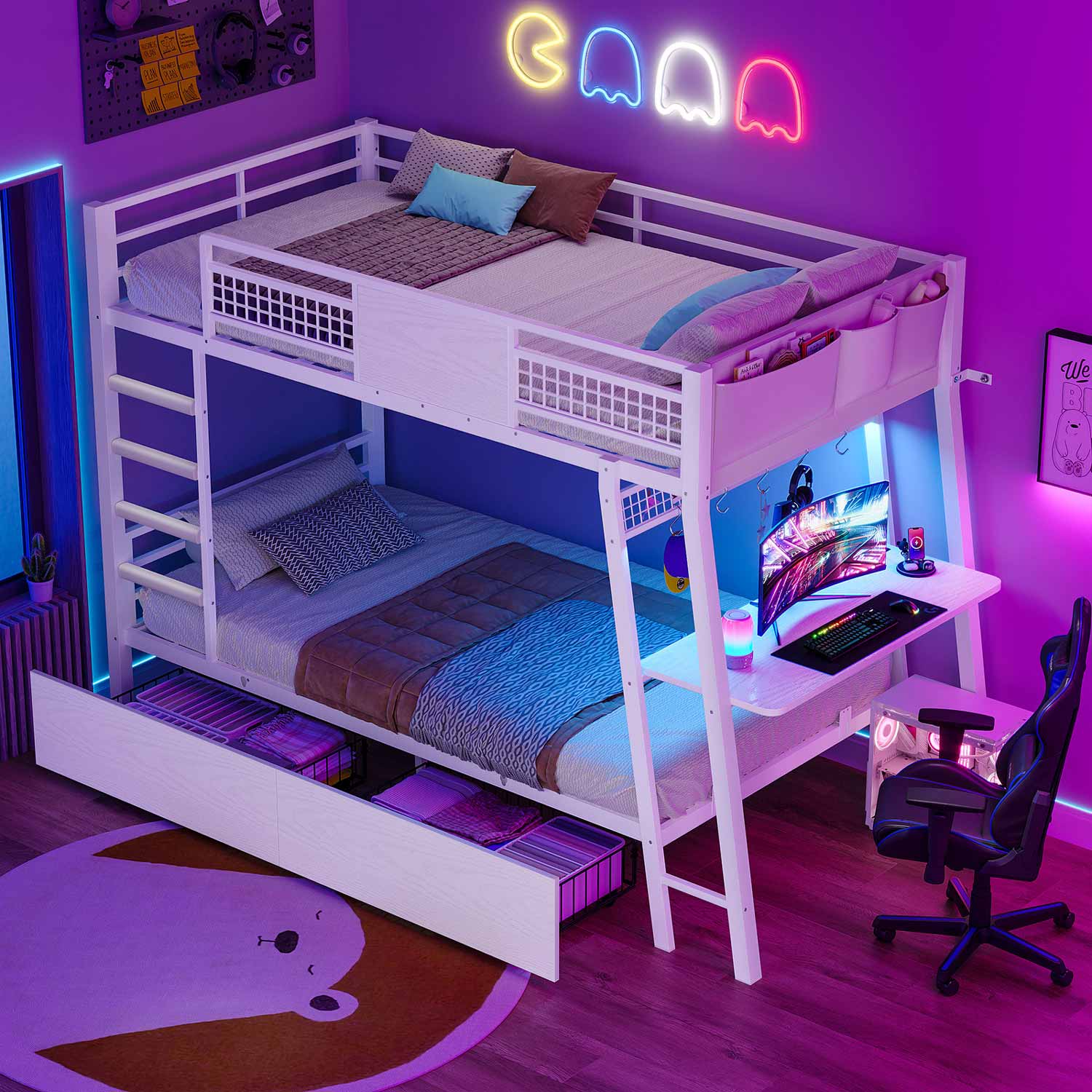 LED Bunk Bed with Desk White