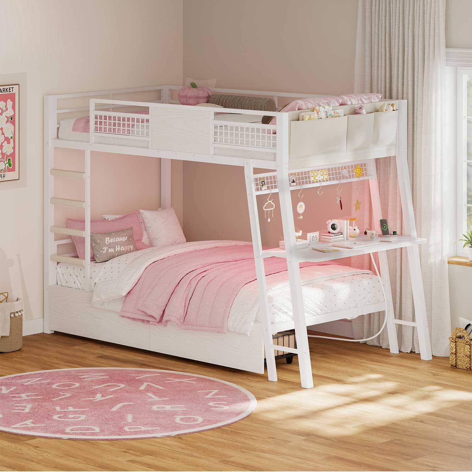 LED Bunk Bed with Desk White