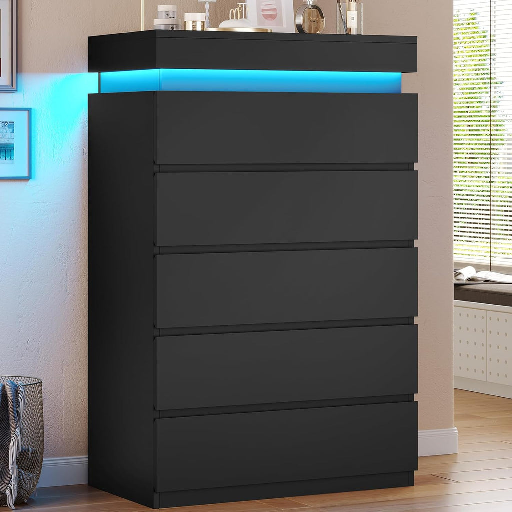 Tall 5 Drawers Dresser with LED Lights Black