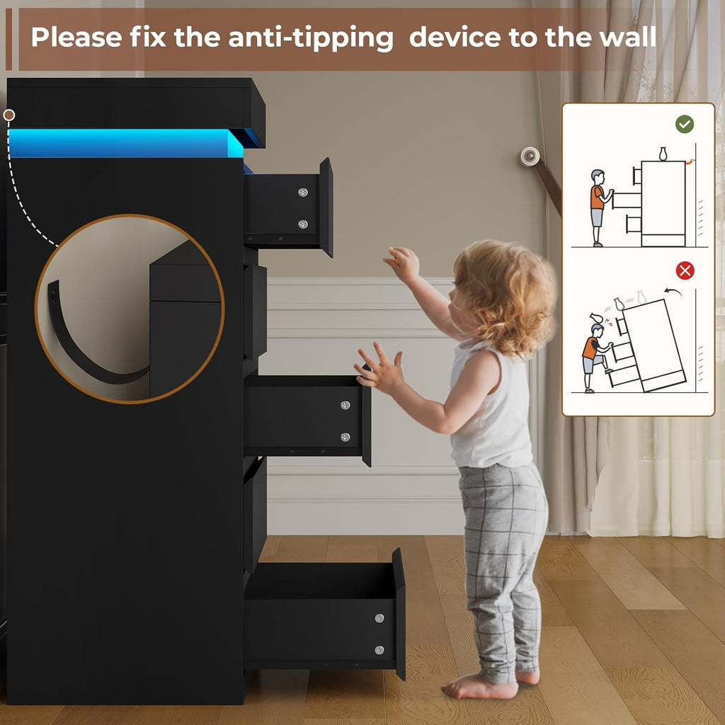 Tall 5 Drawers Dresser with LED Lights Black