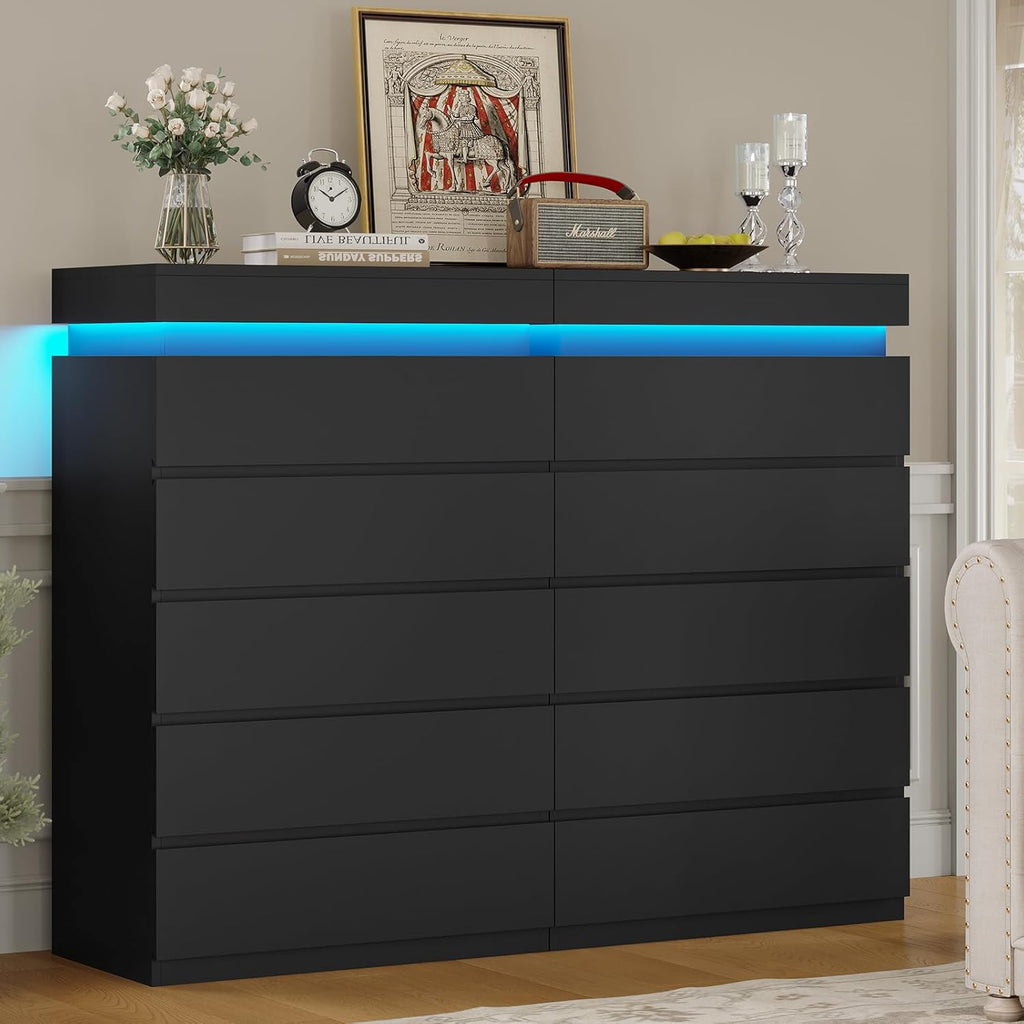 Tall 5 Drawers Dresser with LED Lights Black