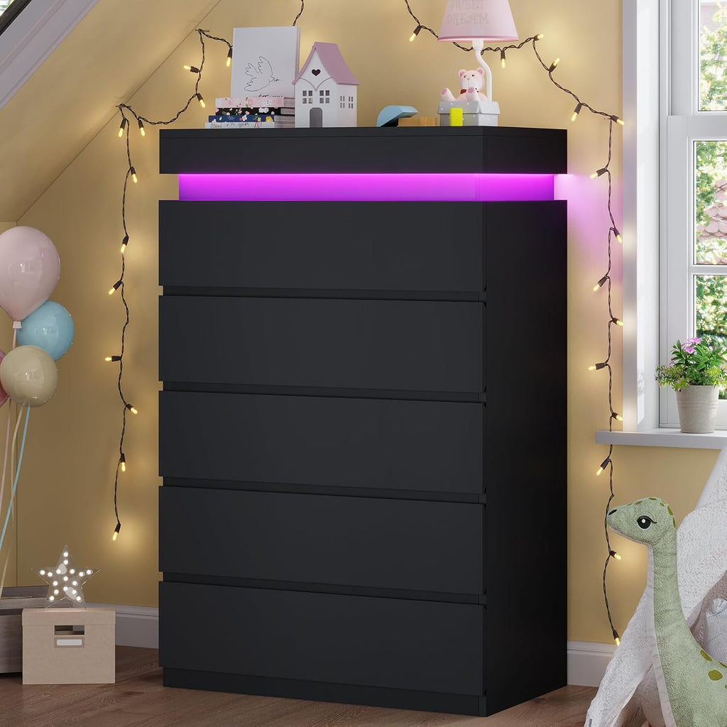 Tall 5 Drawers Dresser with LED Lights Black