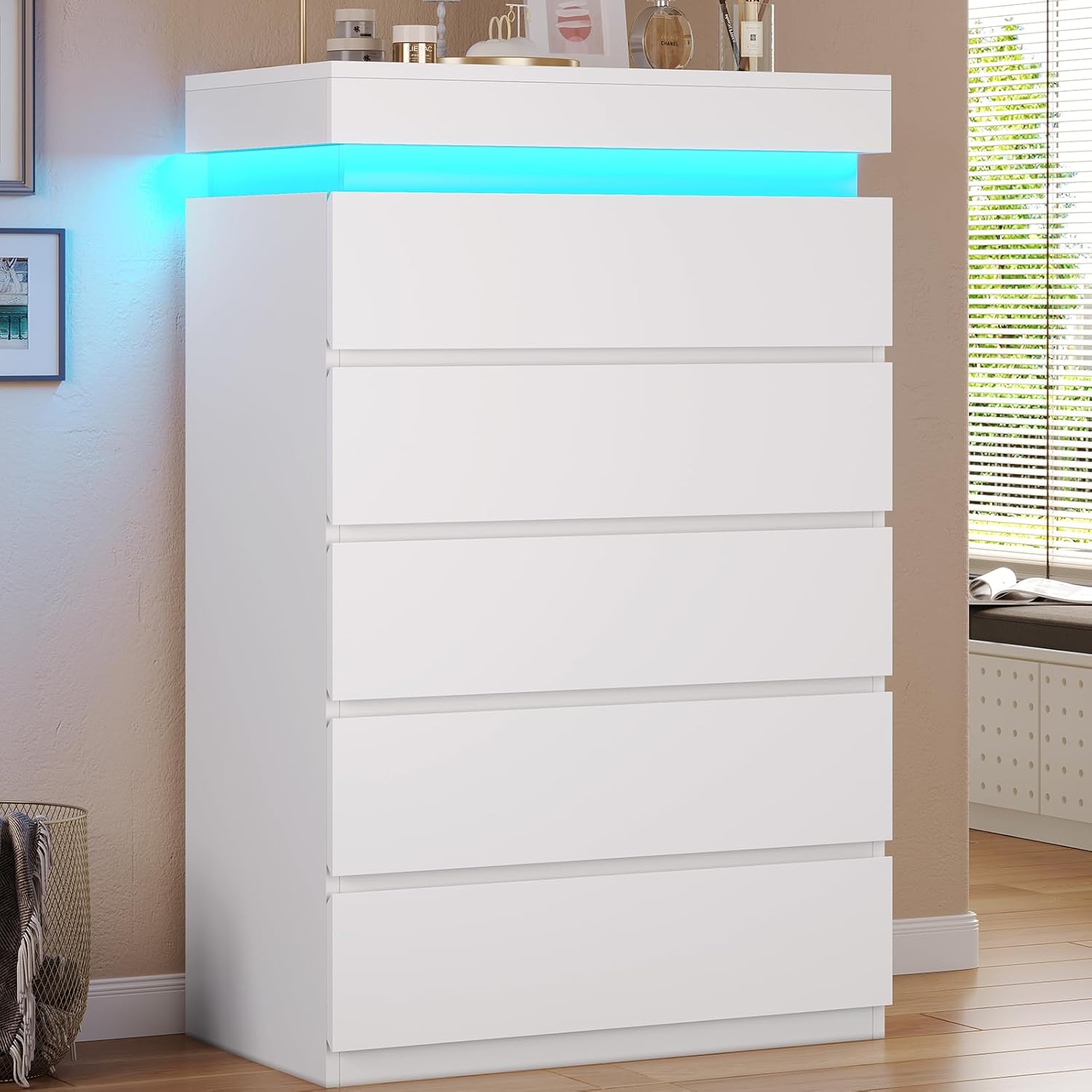 Tall 5 Drawers Dresser with LED Lights White
