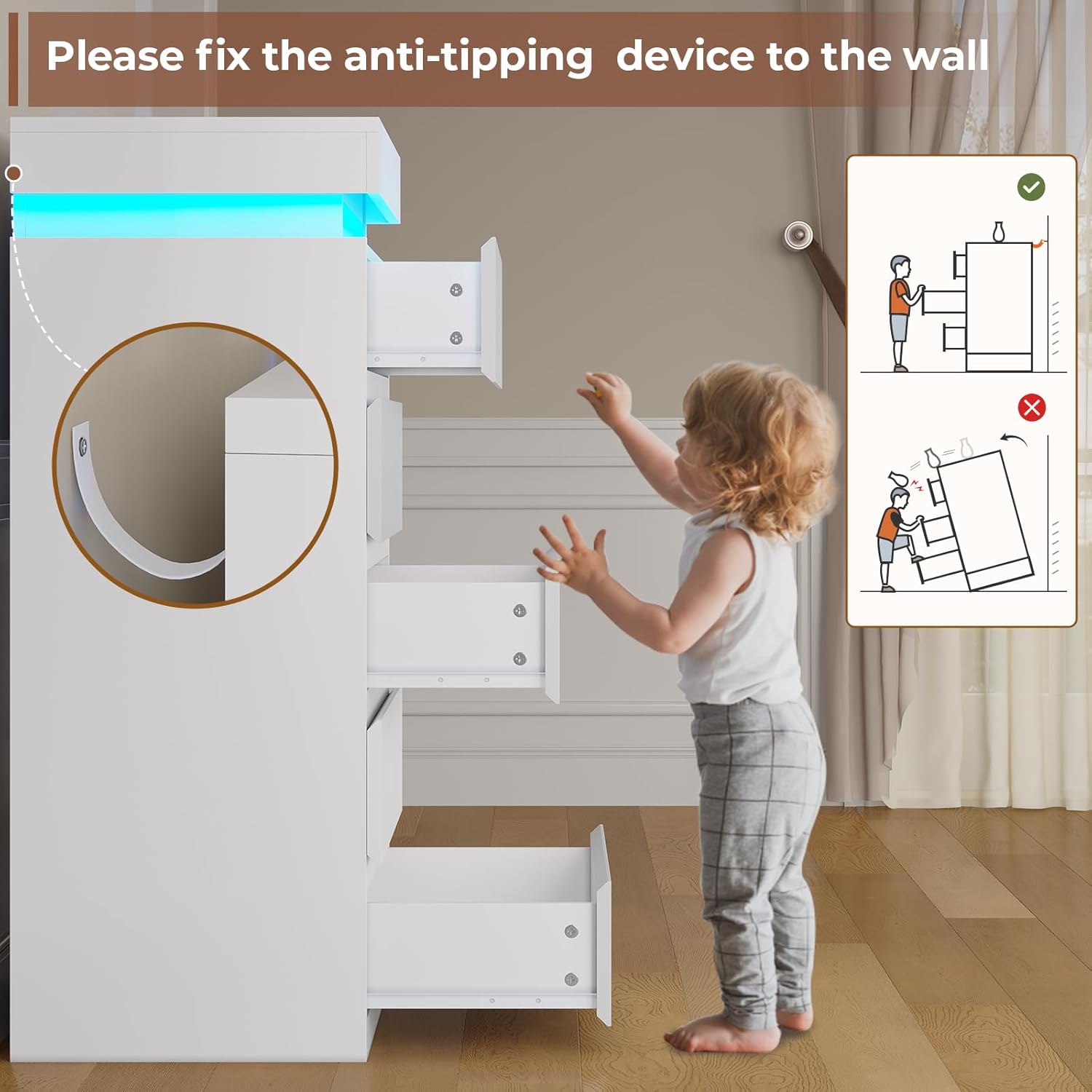 Tall 5 Drawers Dresser with LED Lights White