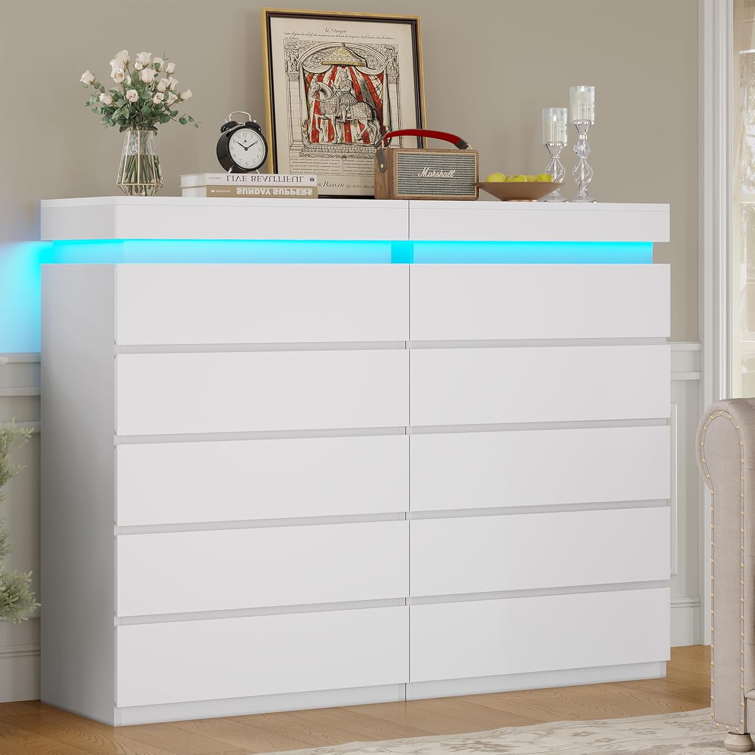 Tall 5 Drawers Dresser with LED Lights White