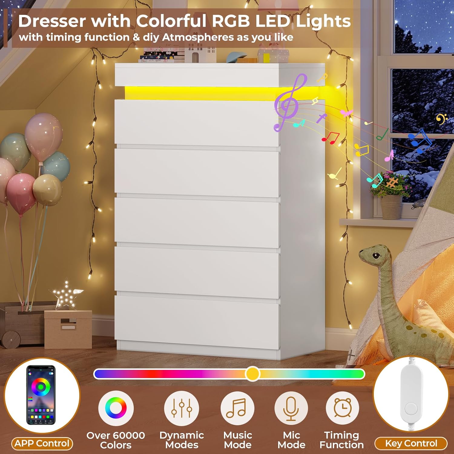 Tall 5 Drawers Dresser with LED Lights White