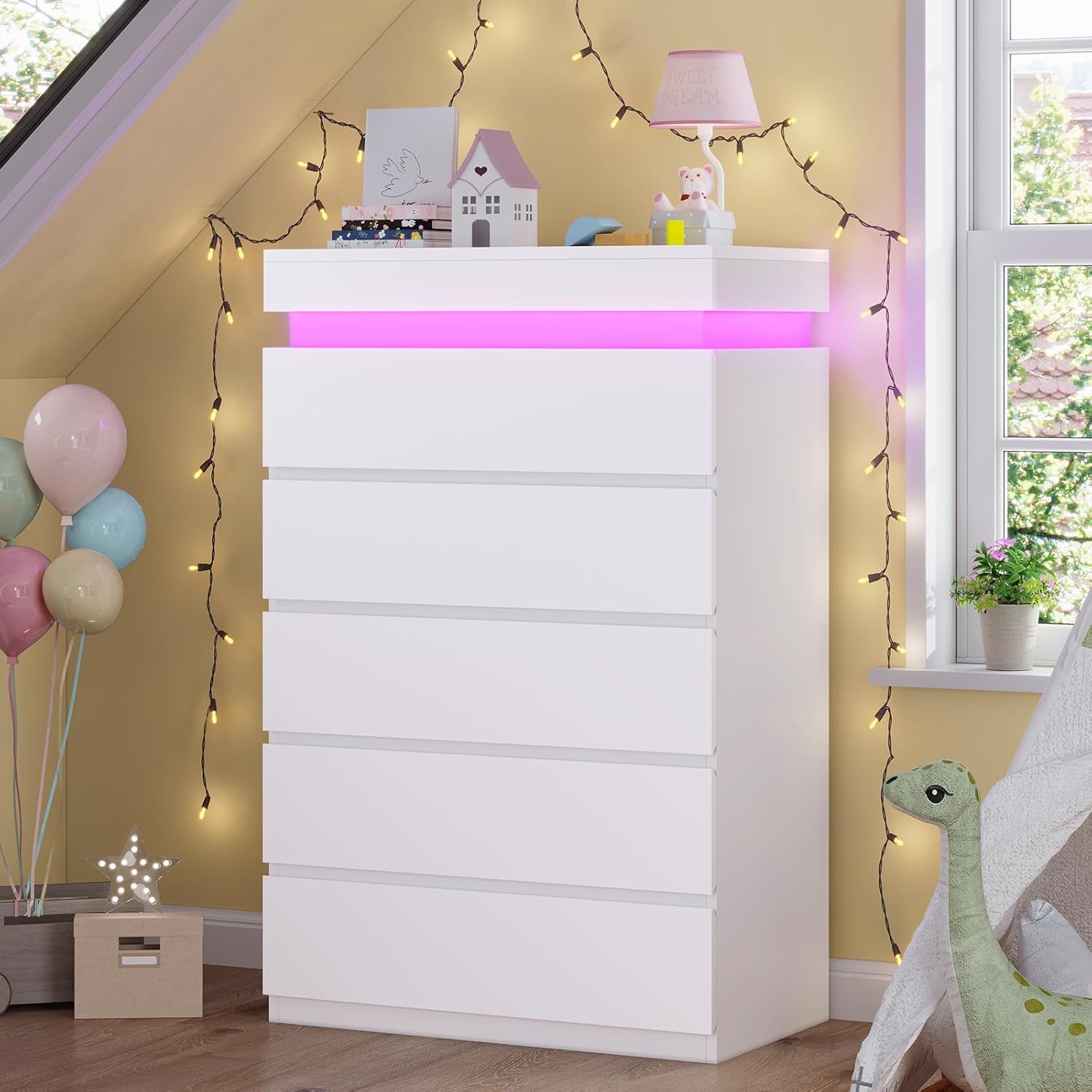 Tall 5 Drawers Dresser with LED Lights White
