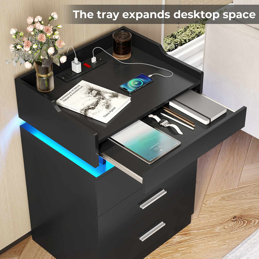 LED Nightstand with Charging Station Black