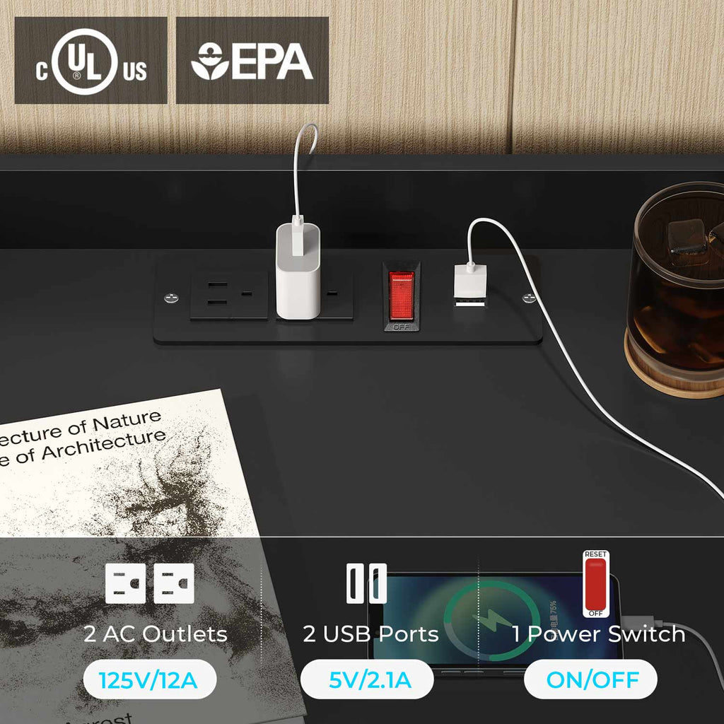 LED Nightstand with Charging Station Black