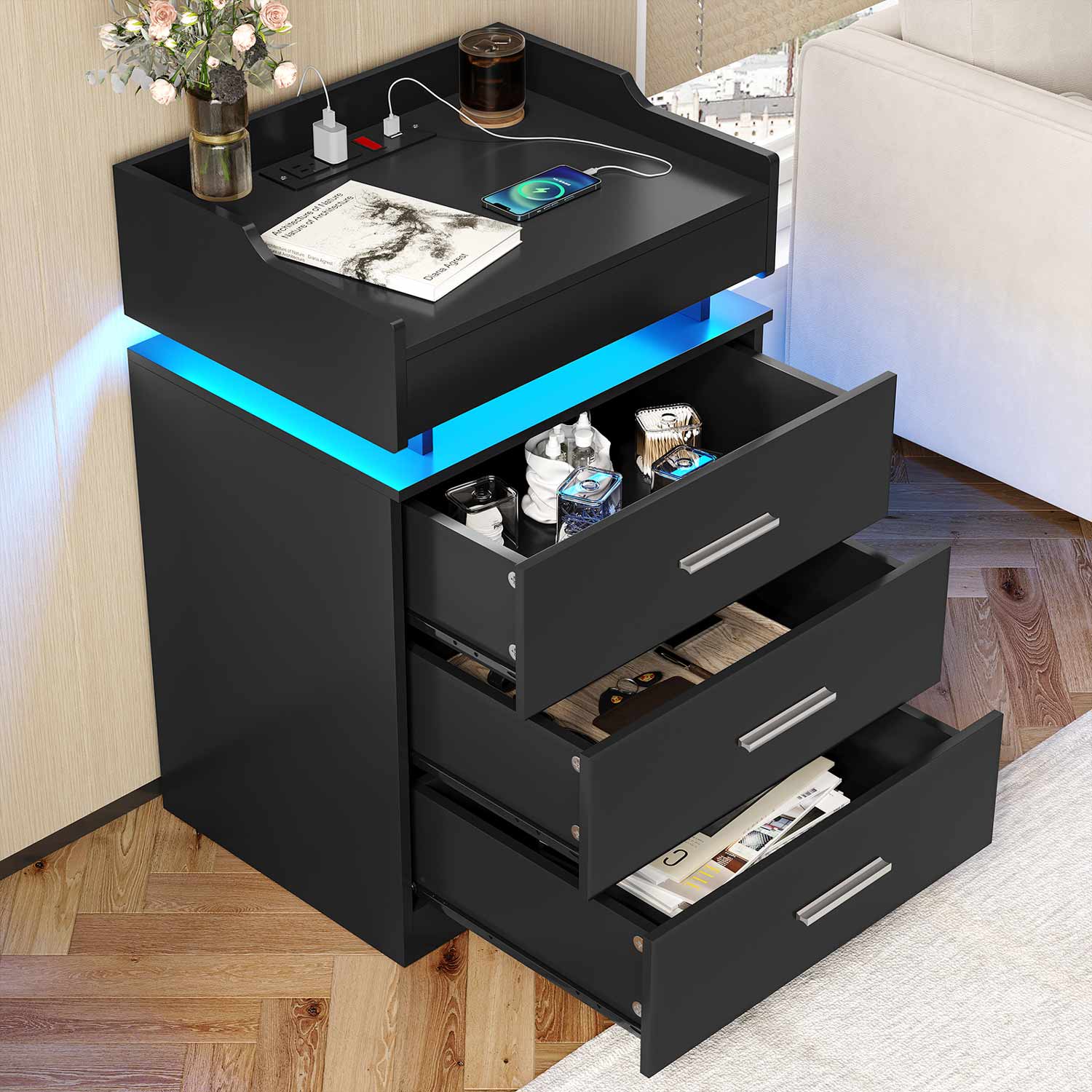 LED Nightstand with Charging Station Black