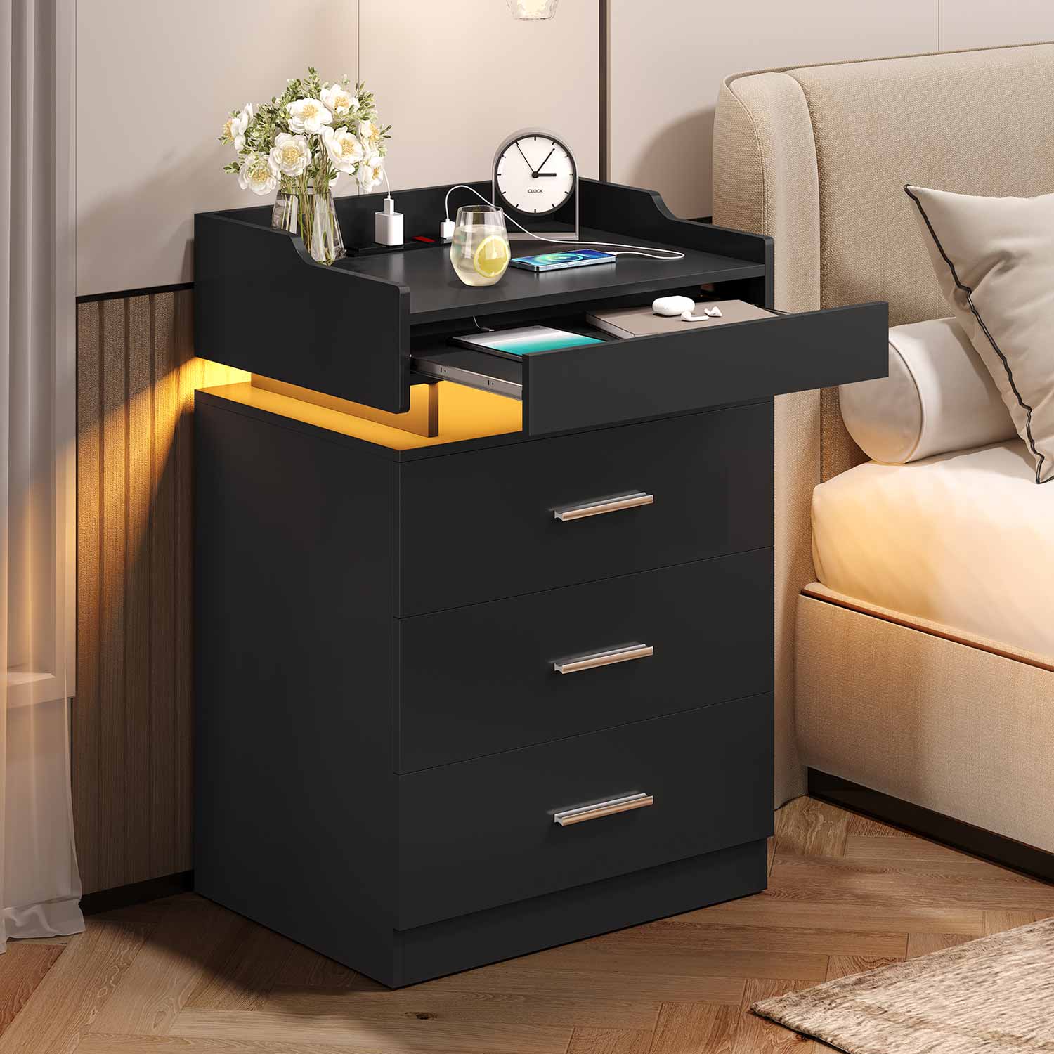 LED Nightstand with Charging Station Black