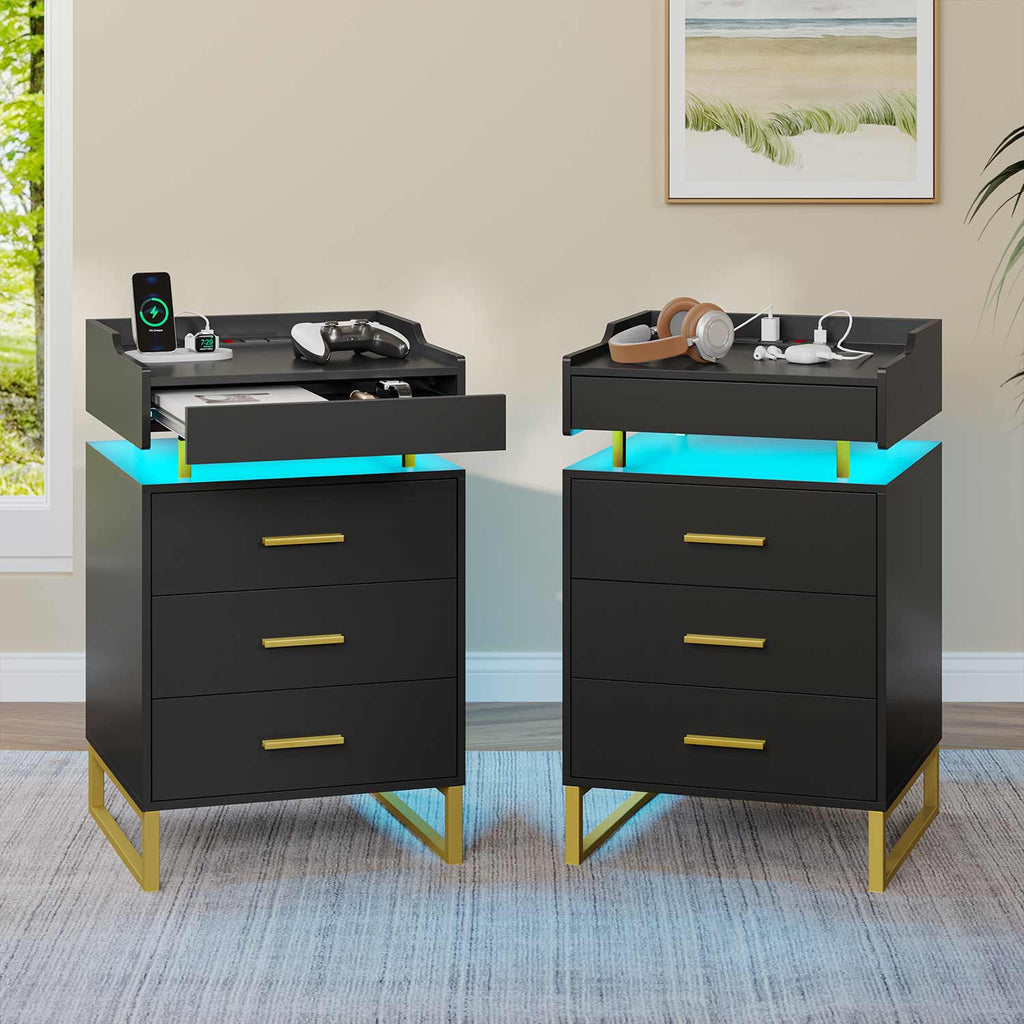 LED Nightstand with Pull-Out Tray Black & Gold