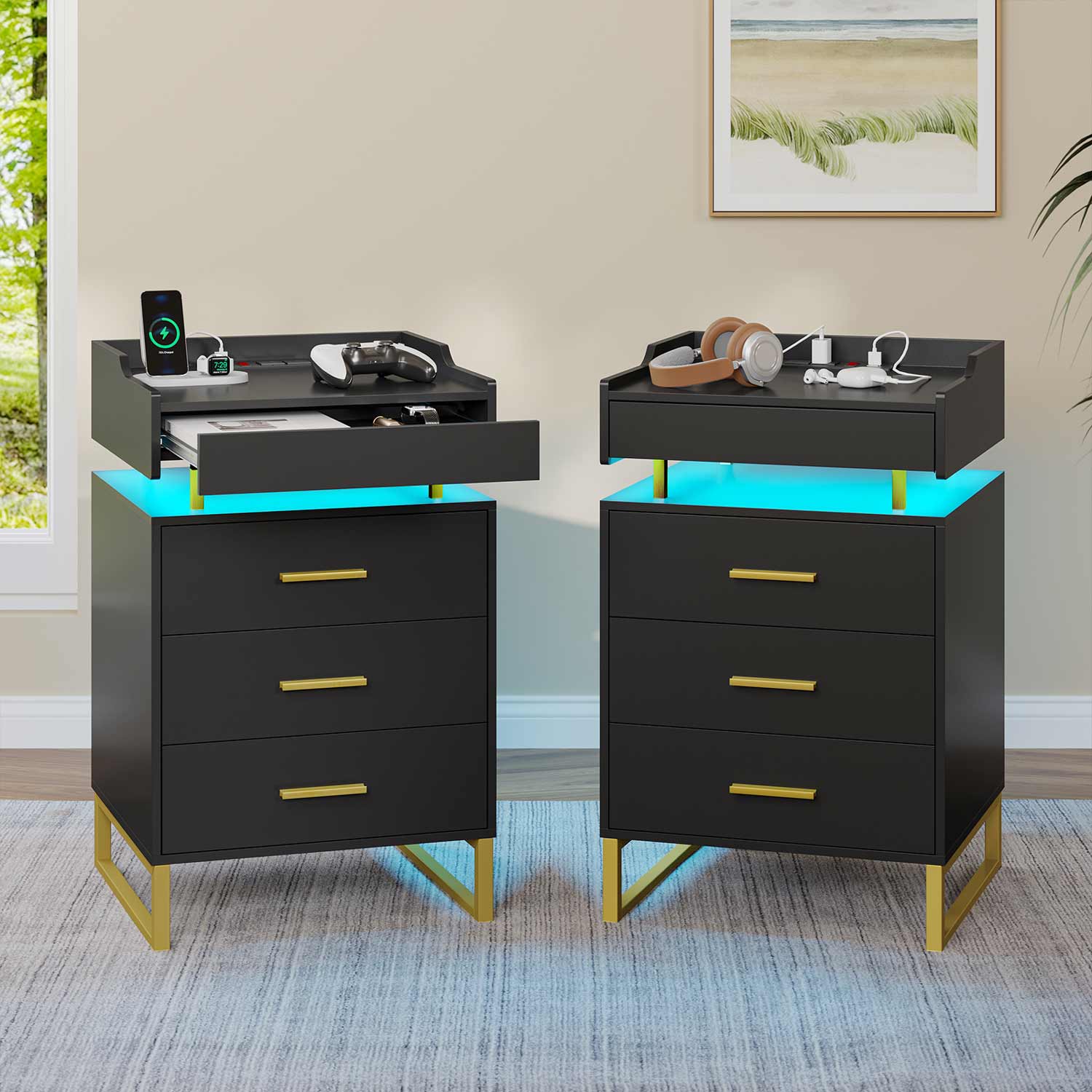 LED Nightstand with Pull-Out Tray Black & Gold