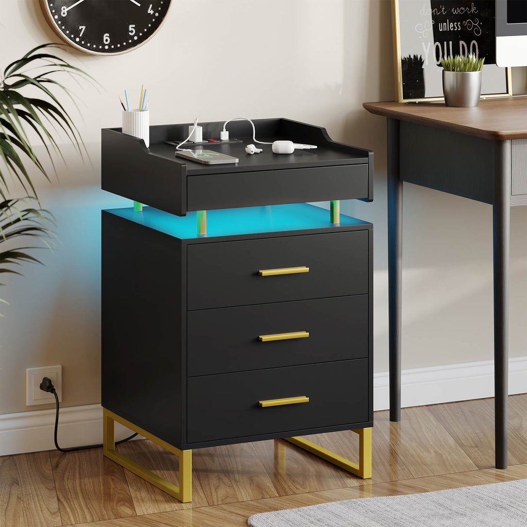 LED Nightstand with Pull-Out Tray Black & Gold