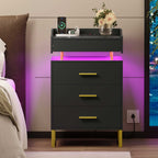 LED Nightstand with Pull-Out Tray Black & Gold