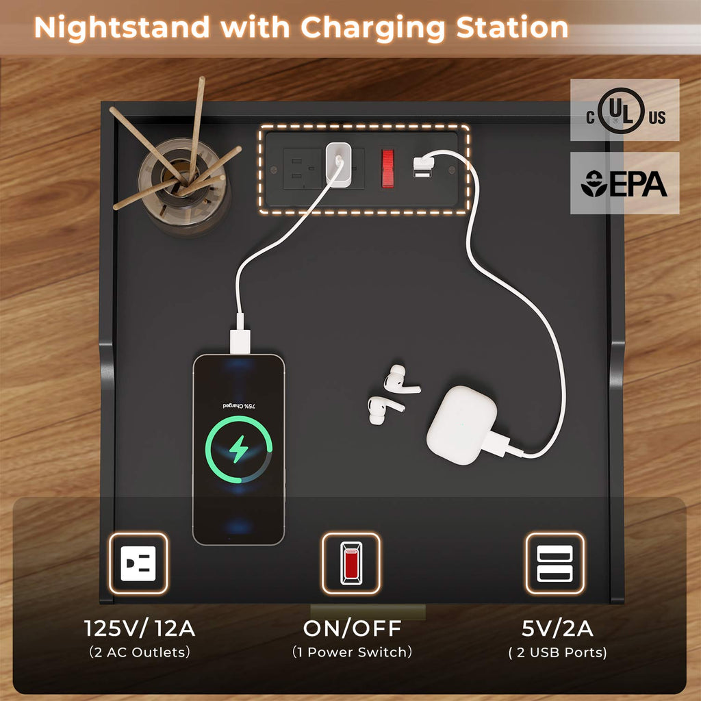 LED Nightstand with Pull-Out Tray Black & Gold