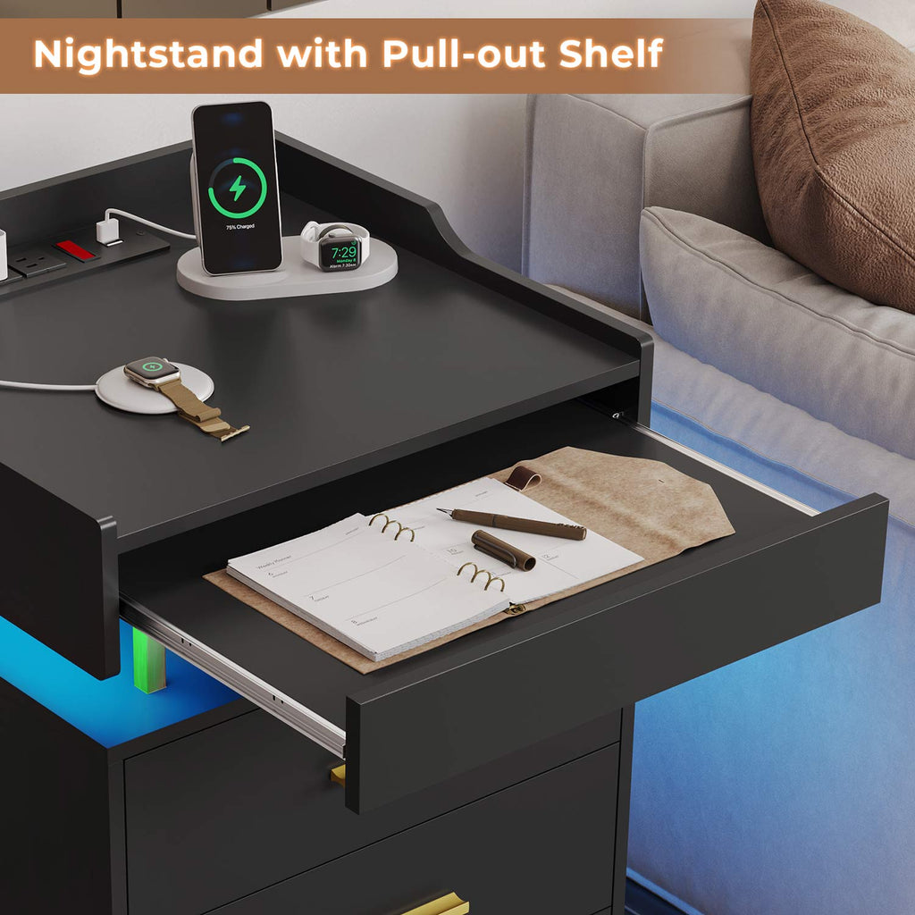 LED Nightstand with Pull-Out Tray Black & Gold