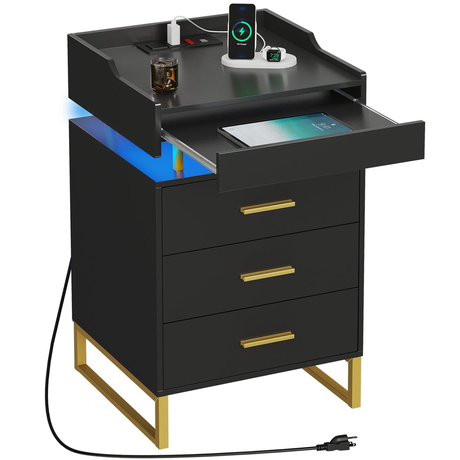 LED Nightstand with Pull-Out Tray Black & Gold
