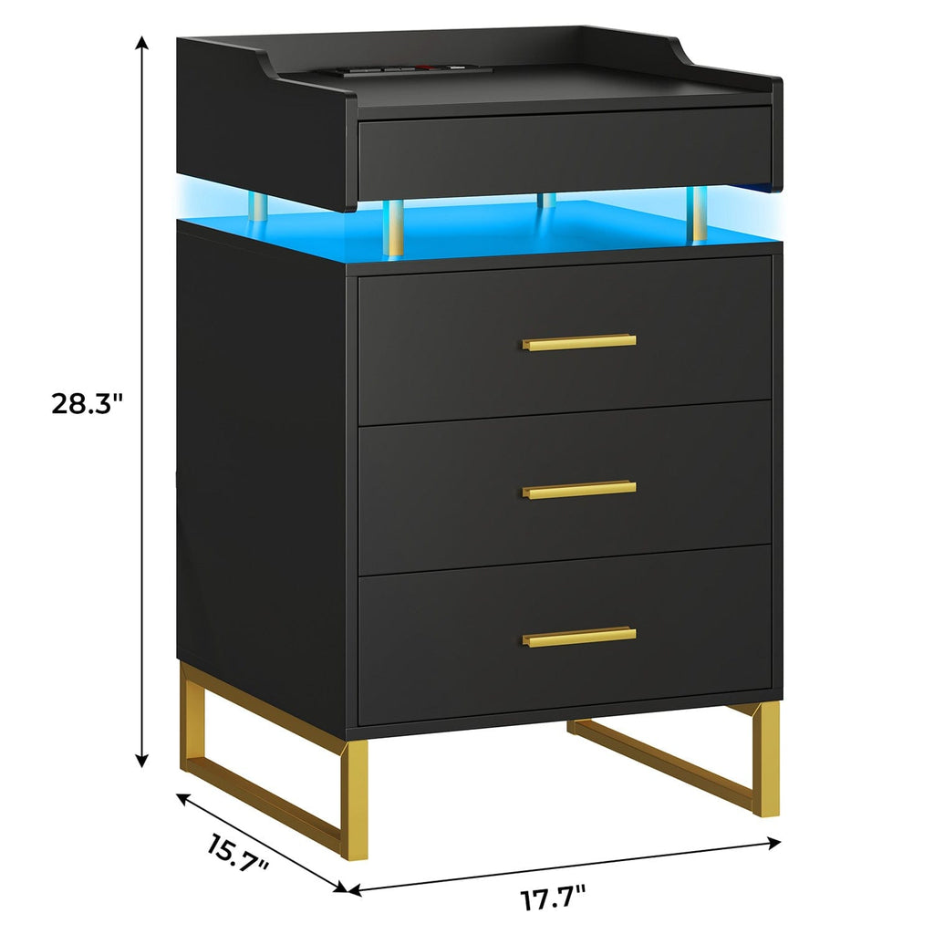 LED Nightstand with Pull-Out Tray Black & Gold