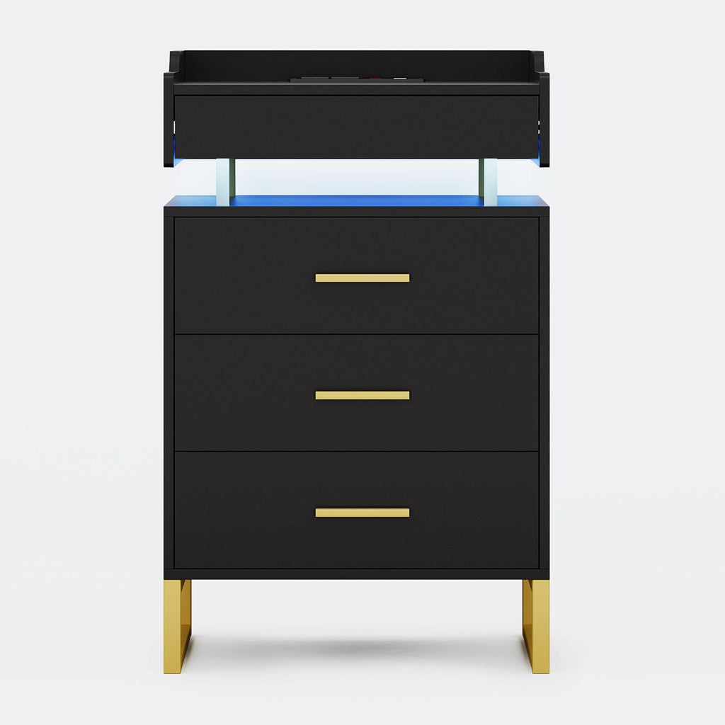 LED Nightstand with Pull-Out Tray Black & Gold
