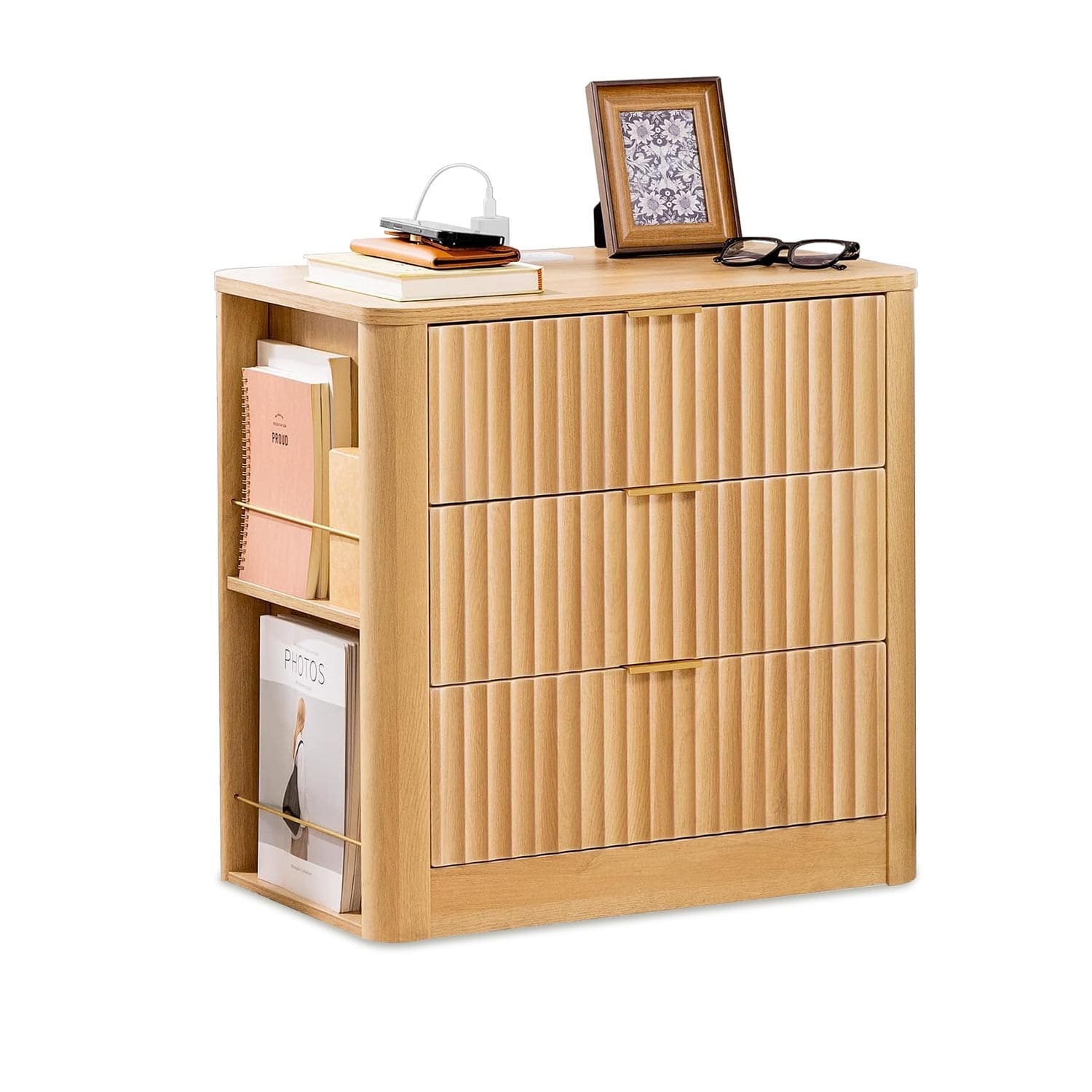 Fluted Nightstand with Charging Station Oak