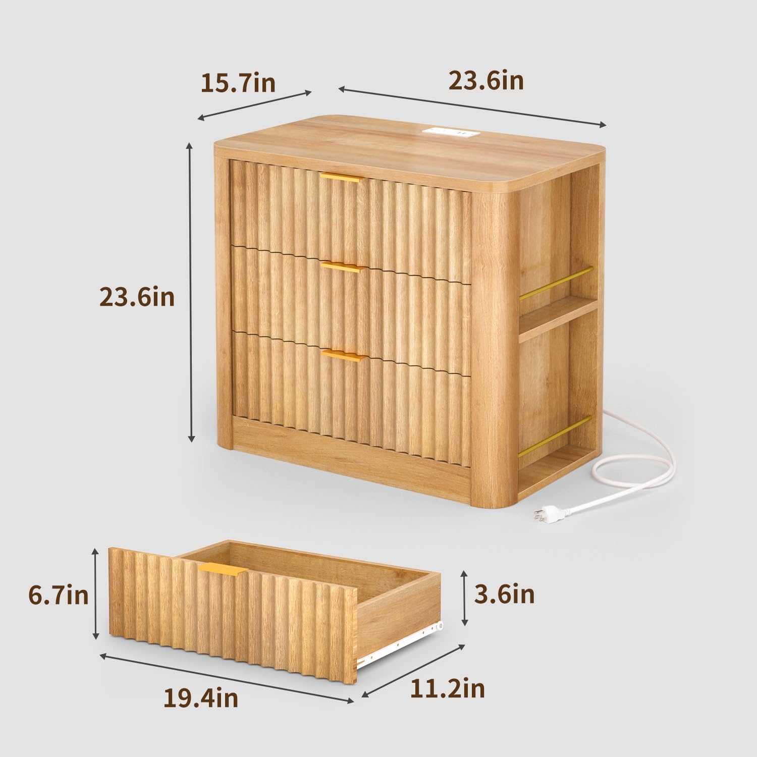 Fluted Nightstand with Charging Station Oak