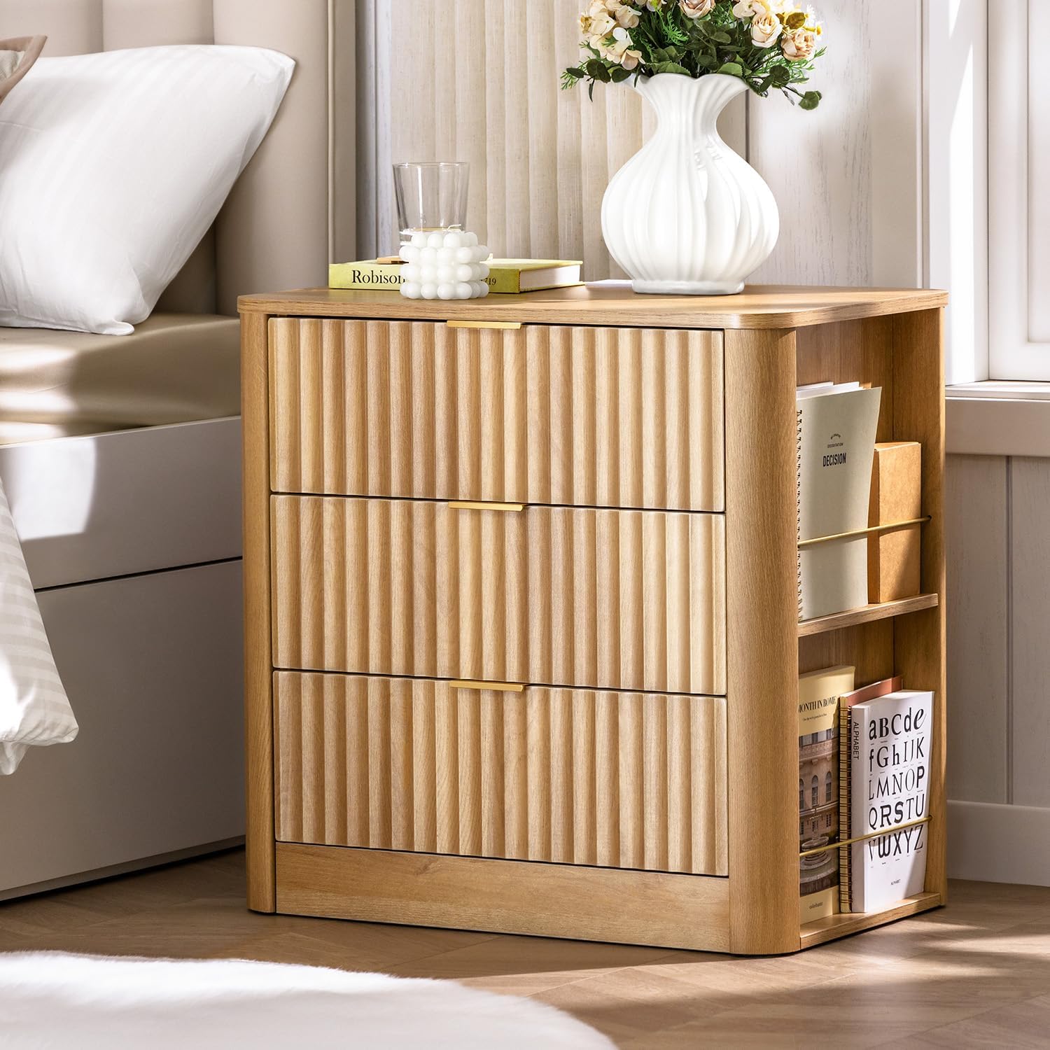 Fluted Nightstand with Charging Station Oak
