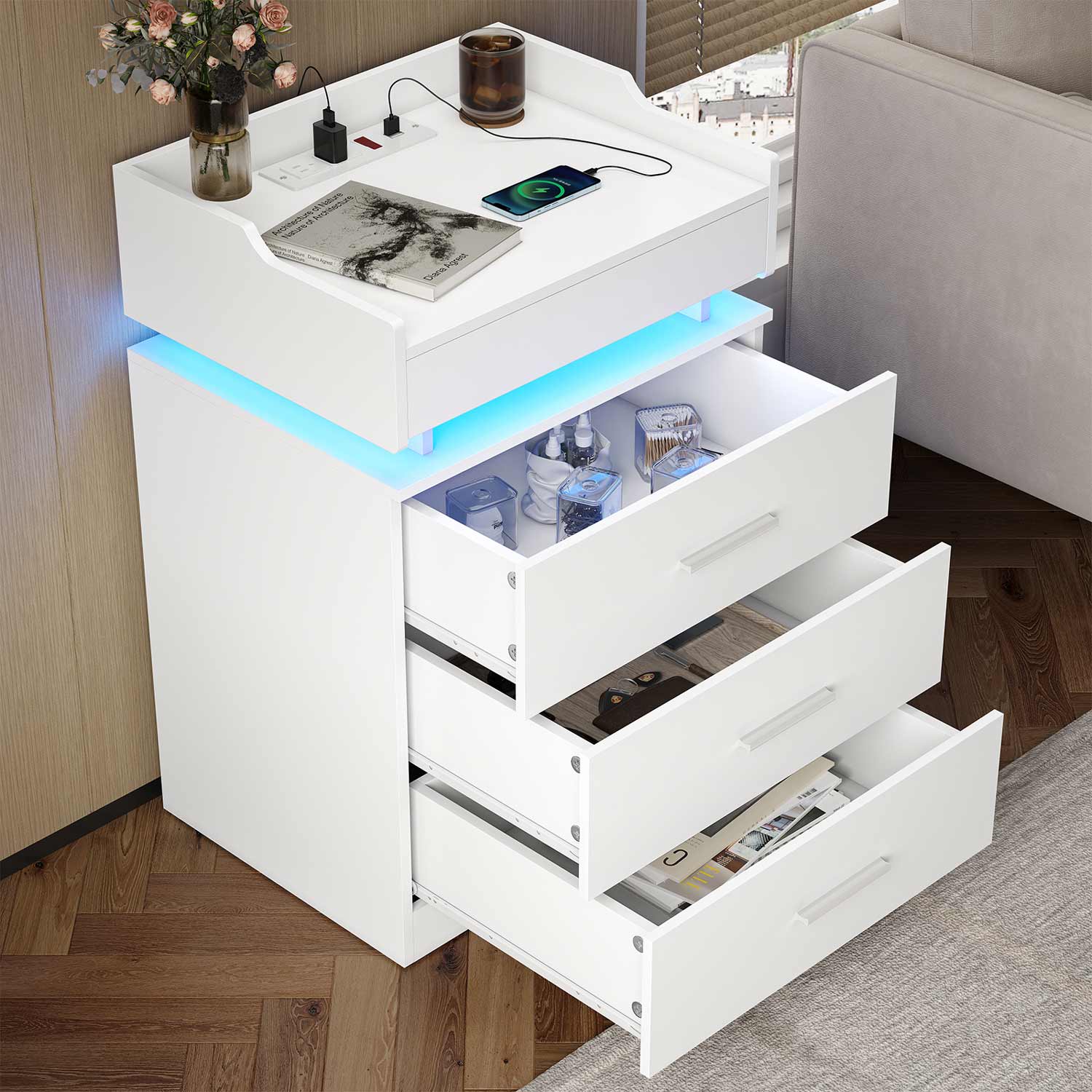 LED Nightstand with Charging Station White