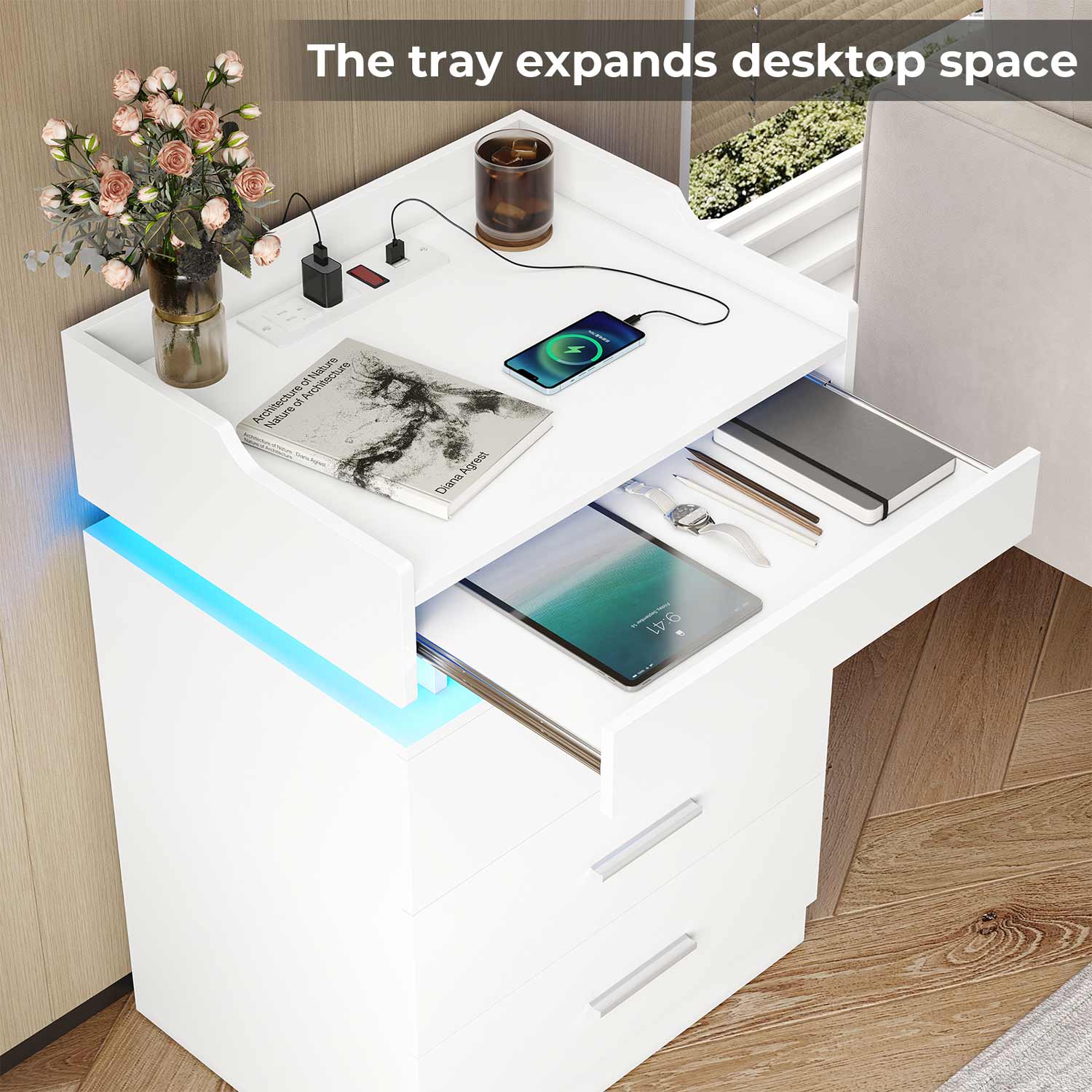 LED Nightstand with Charging Station White