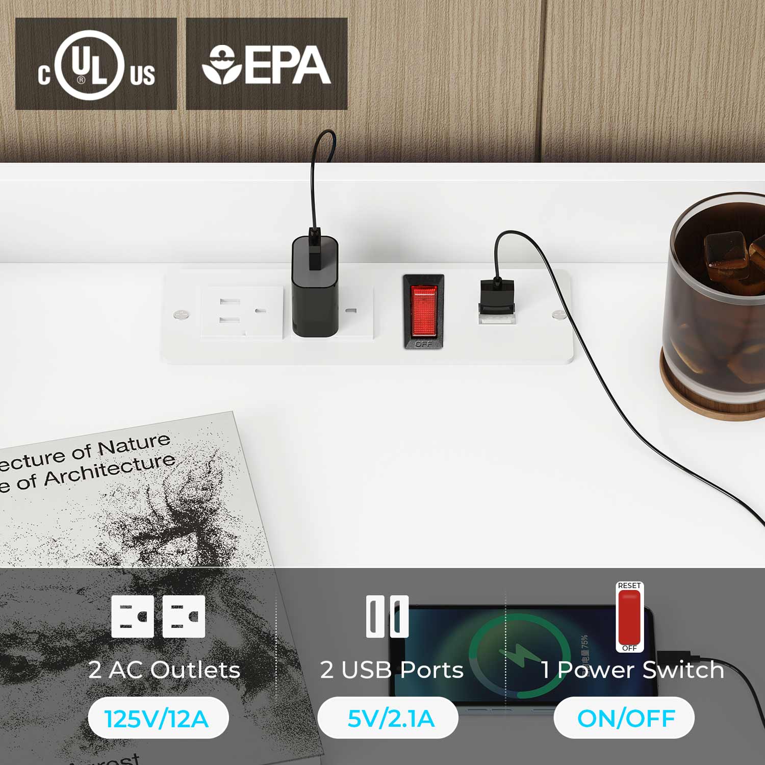 LED Nightstand with Charging Station White