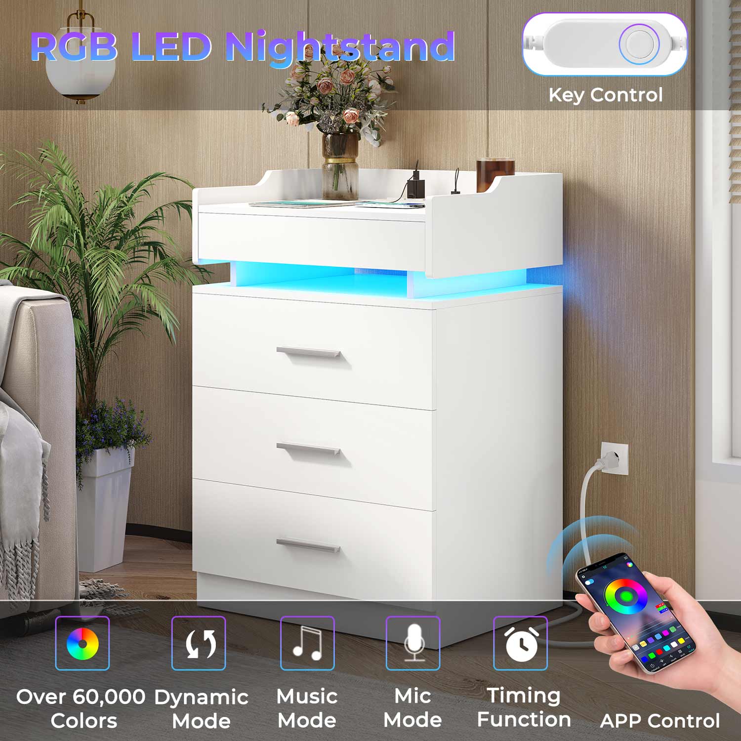 LED Nightstand with Charging Station White