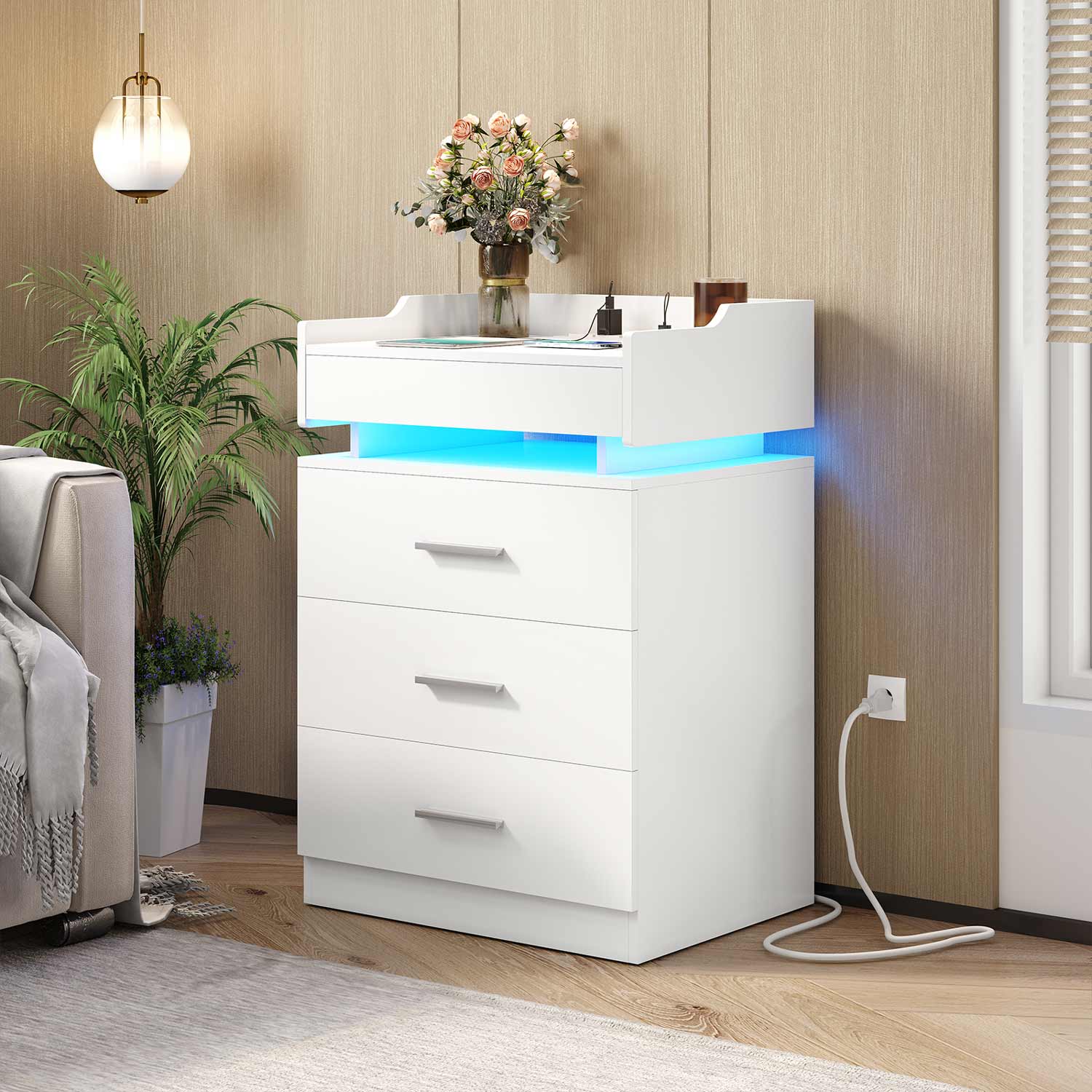 LED Nightstand with Charging Station White