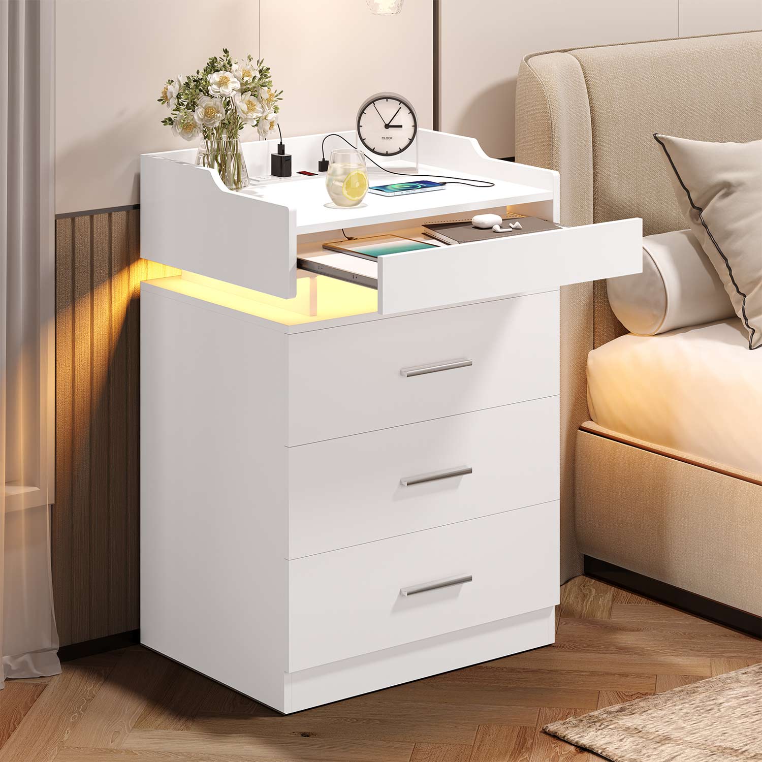 LED Nightstand with Charging Station White