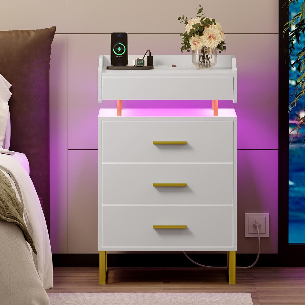 LED Nightstand with Pull-Out Tray White & Gold
