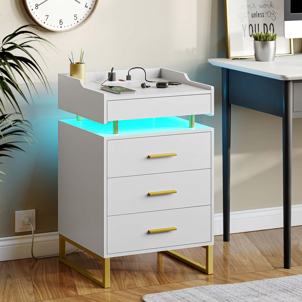 LED Nightstand with Pull-Out Tray White & Gold