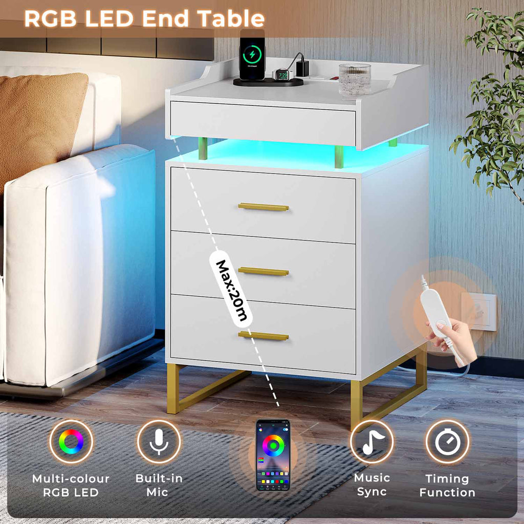 LED Nightstand with Pull-Out Tray White & Gold
