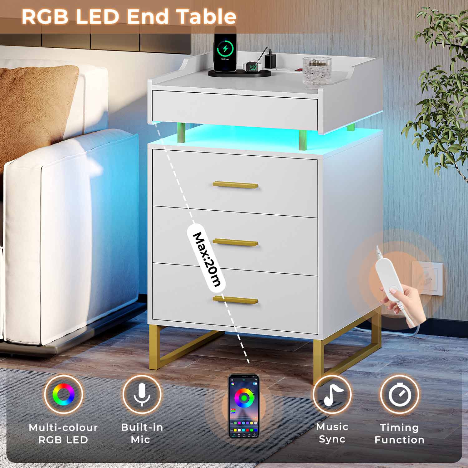 LED Nightstand with Pull-Out Tray White & Gold