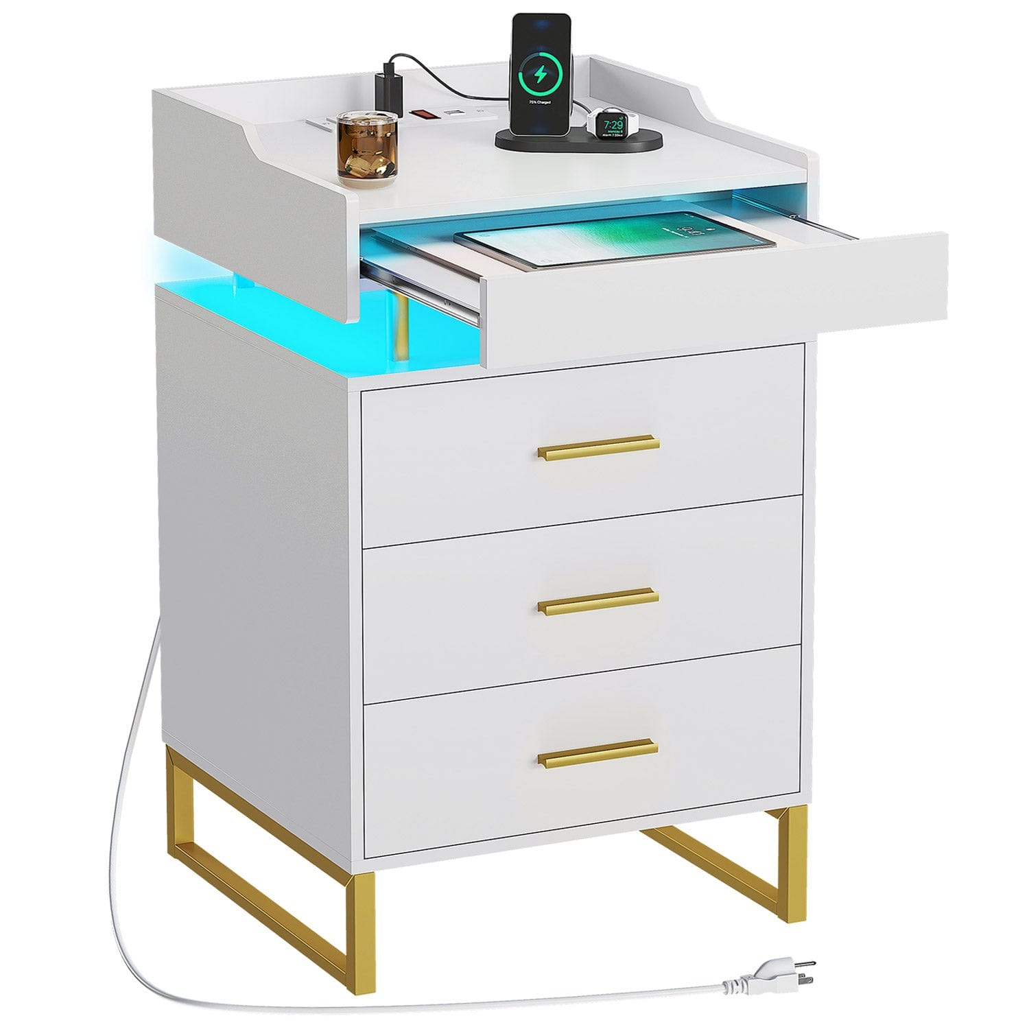 LED Nightstand with Pull-Out Tray White & Gold