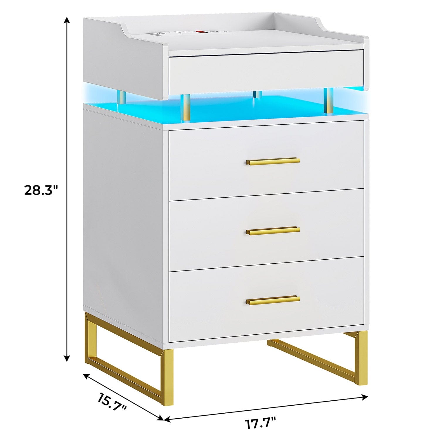LED Nightstand with Pull-Out Tray White & Gold