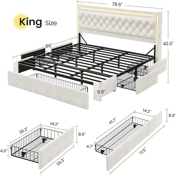 LED Bed Frame with Drawers Beige