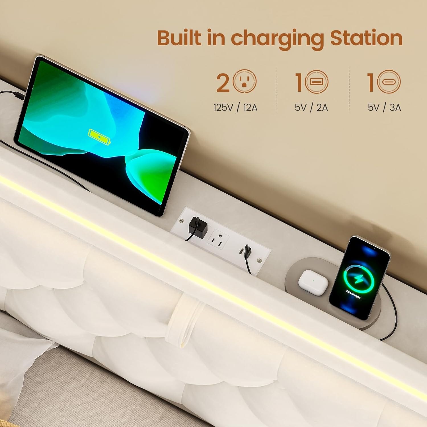 LED Bed Frame with Drawers Beige