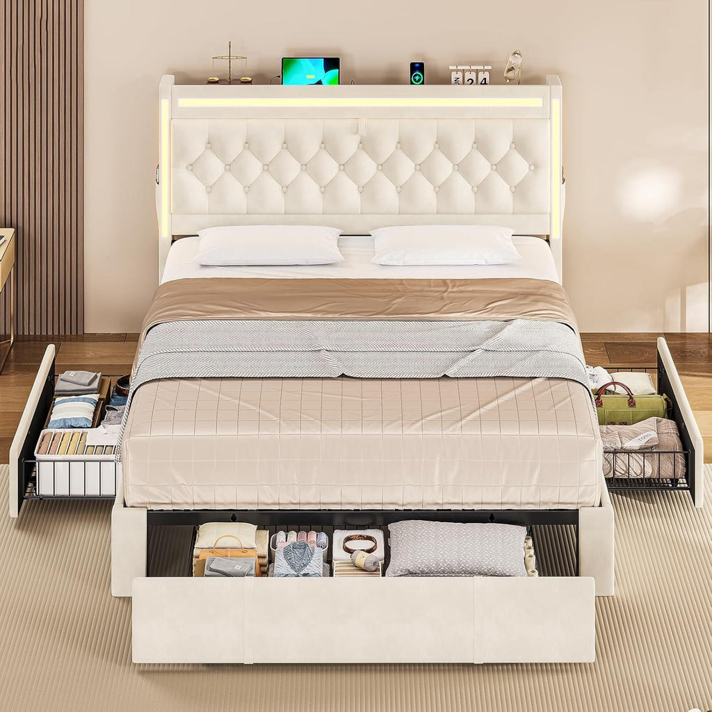 LED Bed Frame with Drawers Beige